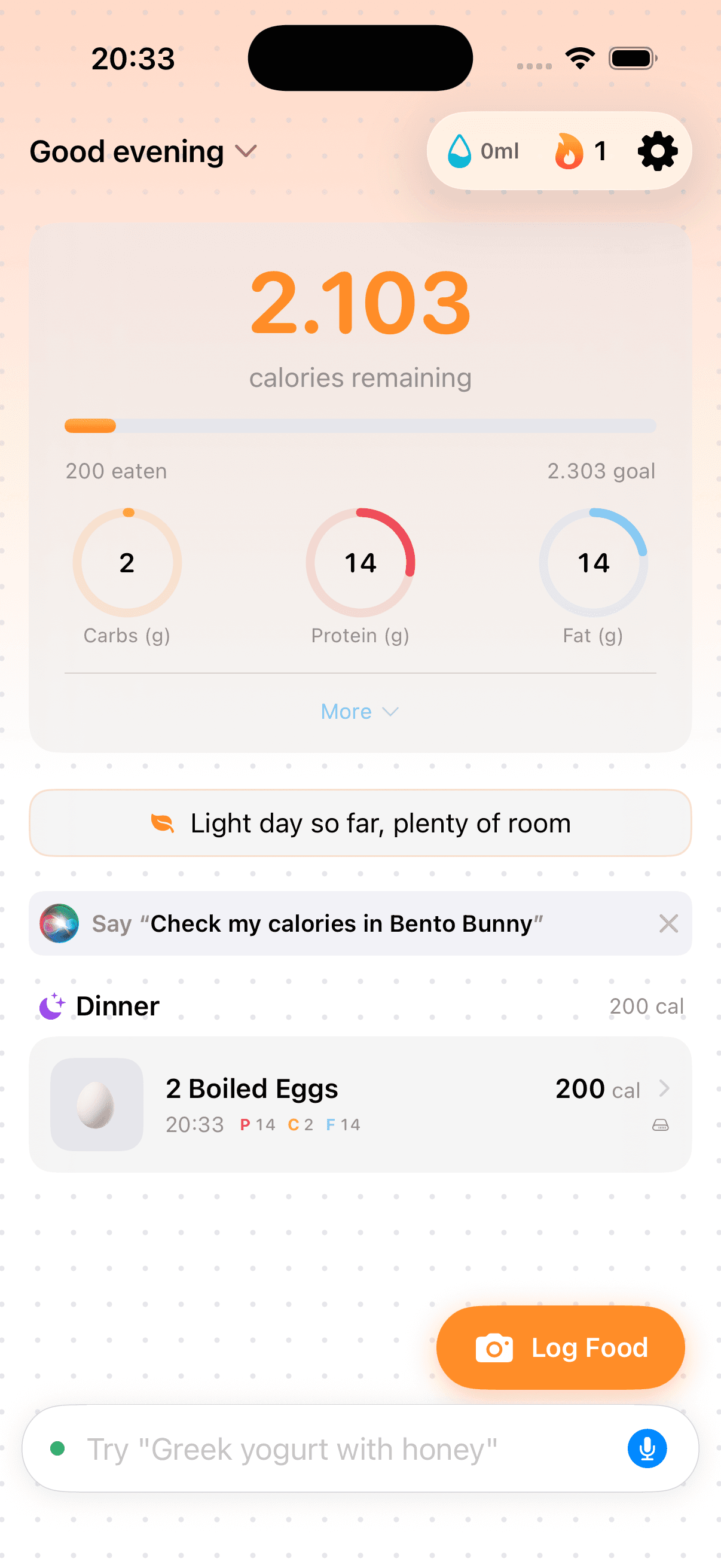 Bento Bunny app showing daily calorie summary with macro breakdown